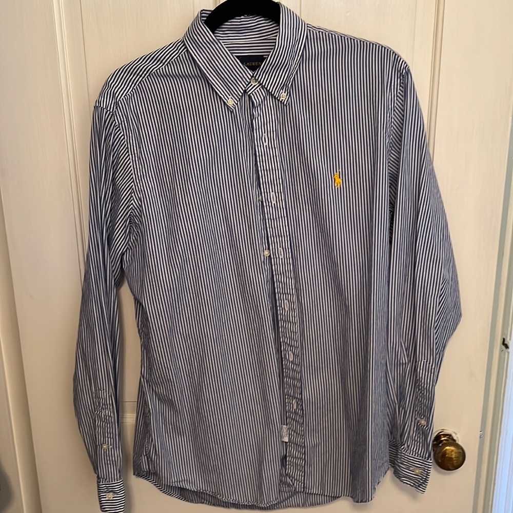 Blue and White striped Ralph Lauren Polo dress shirt size M
